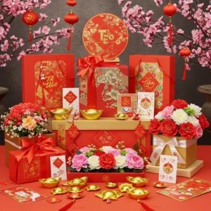 Hộp quà Tết trang trí cùng nơ, ruy băng, thiệp, hoa lụa trên nền hoa xuân đặc trưng Việt Nam.