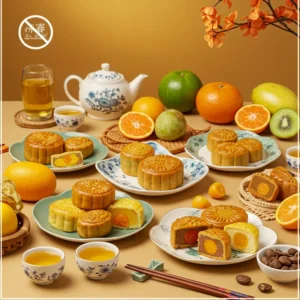 Trưng bày bánh trung thu healthy trên đĩa hình hoa sen cùng trái cây tươi, trà xanh.