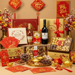 Hình ảnh thực tế của các món quà Tết nhập khẩu được sắp xếp tinh tế với hoa mai và phụ kiện Tết.
