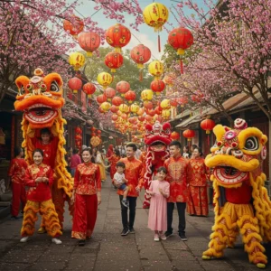 Lễ hội mùa xuân người Hoa với đèn lồng, hoa nở, múa lân và gia đình sum vầy trên phố đông đúc.