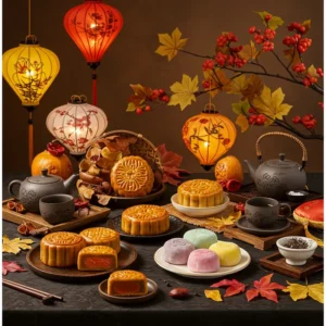 Bàn tiệc Trung Thu với hai loại bánh trung thu truyền thống Việt Nam và mochi, đèn lồng và lá mùa thu.