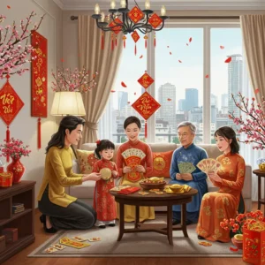 Gia đình Việt quây quần bên nhau trong phòng khách trang trí Tết, ông bà mừng tuổi trẻ em, cảnh thành phố nước ngoài bên ngoài cửa sổ.