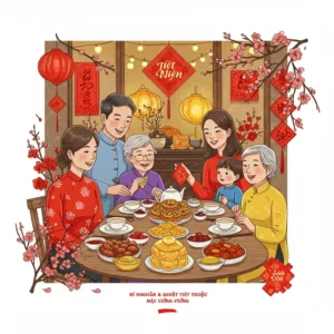 Cảnh gia đình Việt ba thế hệ quây quần quanh bàn tiệc tất niên, không khí tết truyền thống ấm áp.