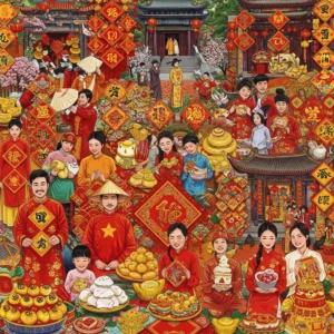 Tổng hòa hình ảnh các quốc gia châu Á đón Tết Âm lịch với gia đình, trang hoàng, món ăn truyền thống.