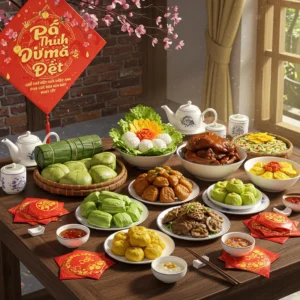 Hình ảnh bàn tiệc ngày Tết với đầy đủ các món đặc trưng: bánh chưng, dưa món, thịt kho, mứt Tết, dưới ánh sáng tự nhiên.