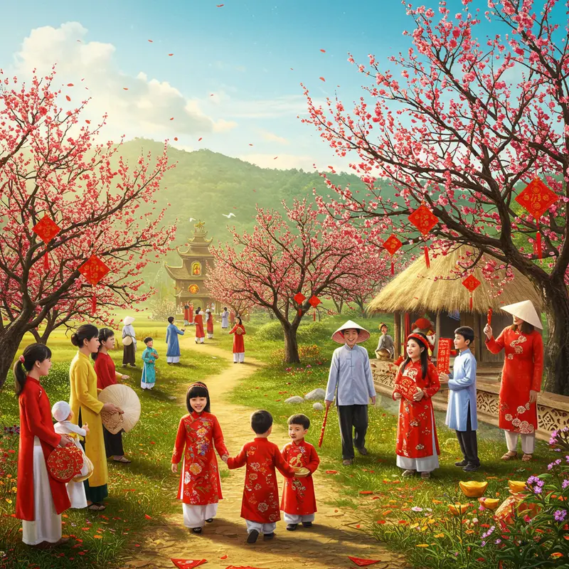 Khung cảnh làng quê rực rỡ ngày Tết, mọi người sum họp bên mai đào và câu đối đỏ.