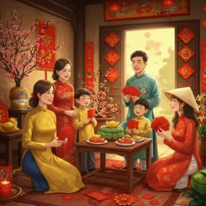 Gia đình Việt Nam quây quần bên bàn ăn ngày Tết, trang trí hoa đào, bánh chưng, bao lì xì, thể hiện văn hóa sum vầy.