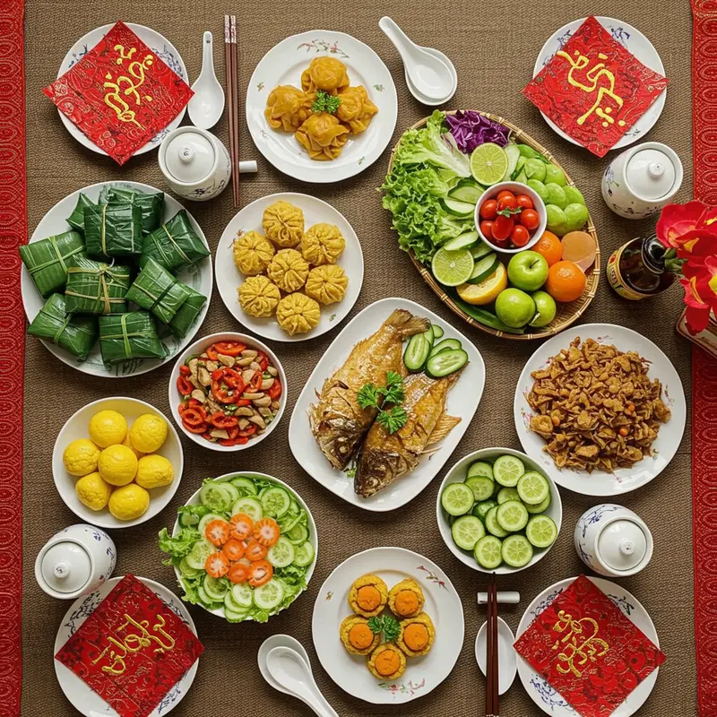 Gia đình sum họp bên mâm cơm ngày Tết với thực phẩm đa dạng, cân bằng.