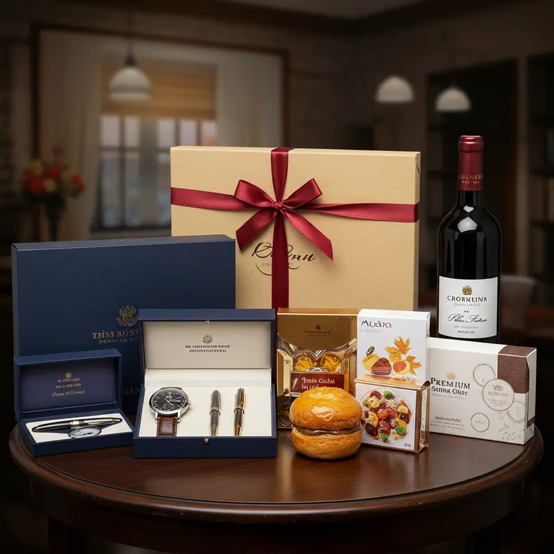 Hộp quà sang trọng đặt trên bàn làm việc doanh nhân.