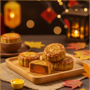 Bánh Trung Thu cổ truyền đặt trên khay gỗ cùng lá thu và lồng đèn, ánh sáng ấm áp dịp Trung Thu