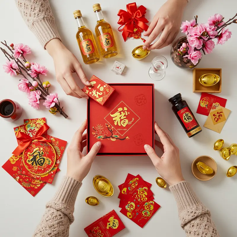 Hộp quà Tết rượu vang sang trọng giữa không gian trang trí truyền thống.