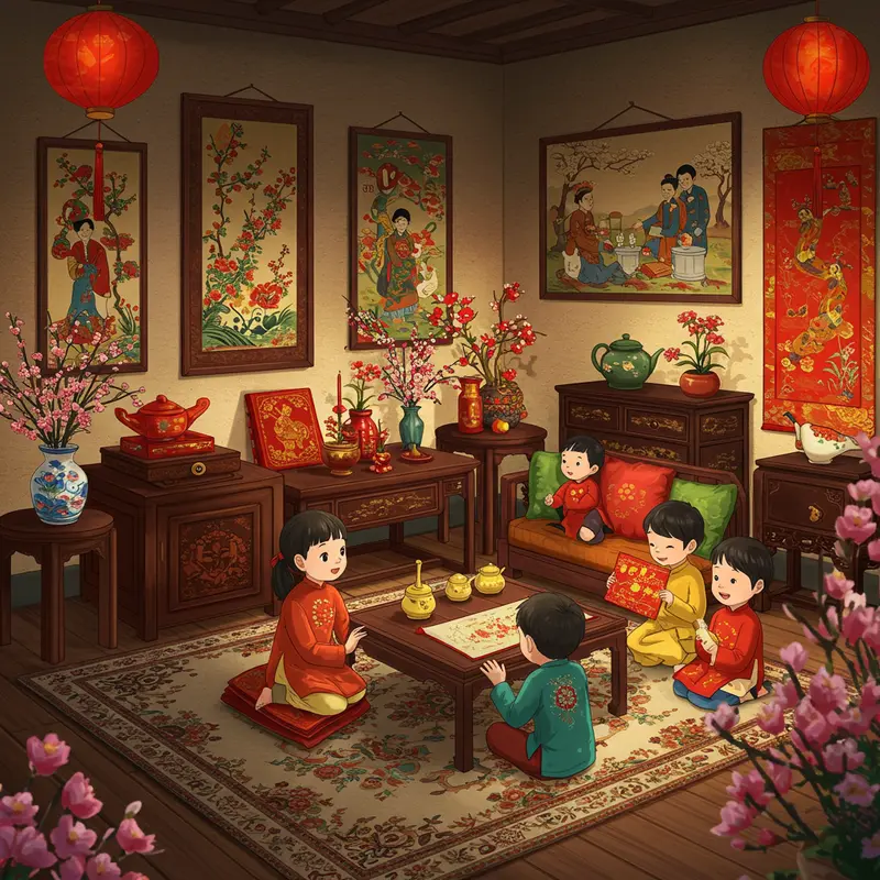 Tranh Tết tạo không khí ấm áp trong gia đình Việt Nam ngày xuân.