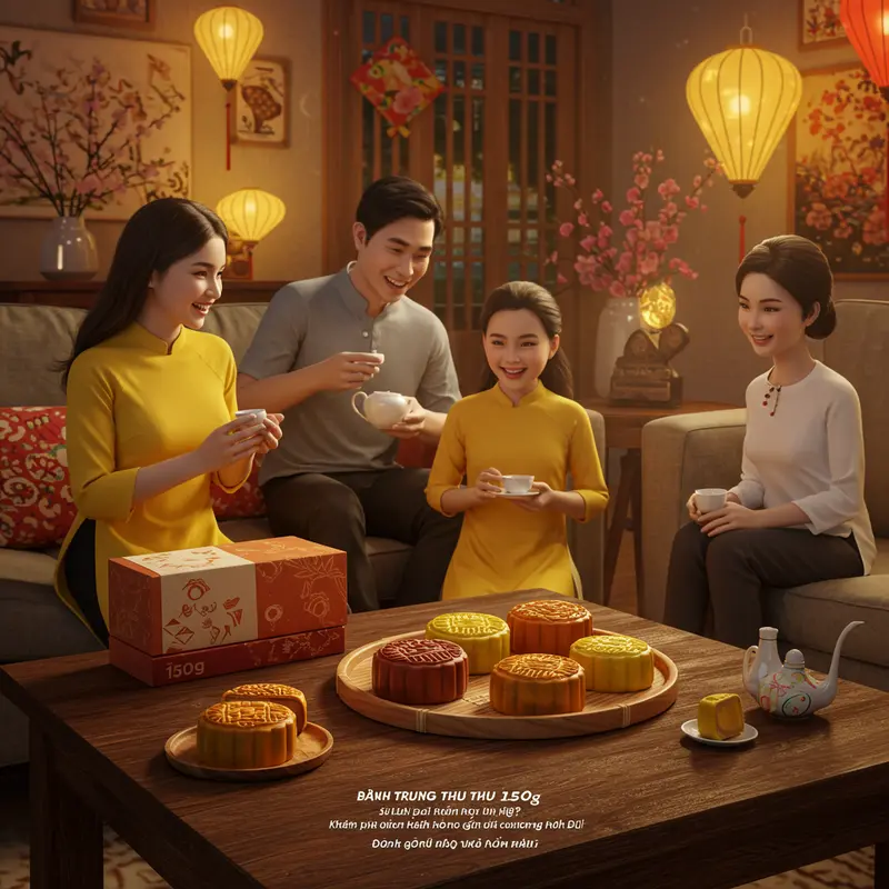 Khung cảnh gia đình nhỏ vui vẻ bên bánh Trung Thu 150g giữa không gian Trung Thu truyền thống.