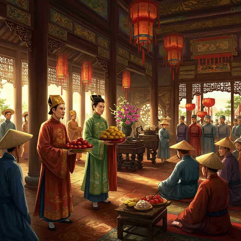 Khung cảnh làng quê rực rỡ ngày Tết, mọi người sum họp bên mai đào và câu đối đỏ.