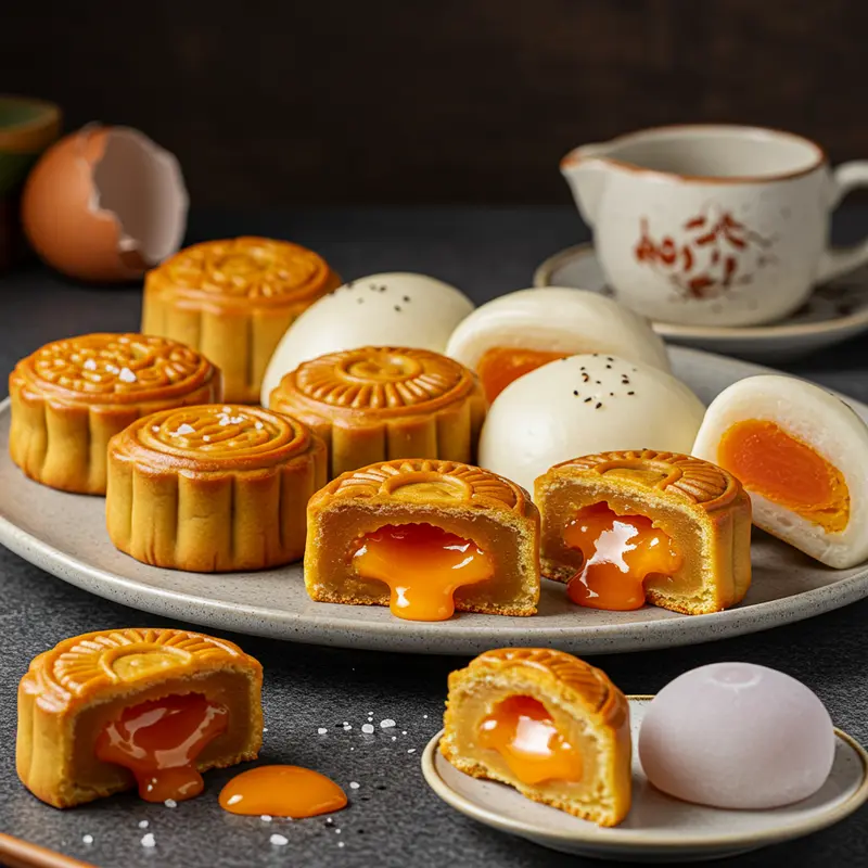 Nhân lava trứng muối tan chảy hấp dẫn trong một chiếc bánh mini đã được cắt đôi.