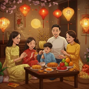 Gia đình Việt sum vầy bên bàn Trung thu, đèn lồng, bánh, trái cây và không khí gia đình ấm áp.