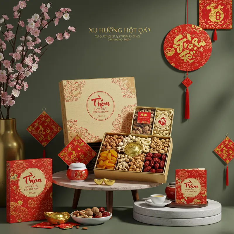 Hộp quà Tết hạt dinh dưỡng đầy màu sắc và sang trọng.