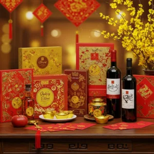 Hộp quà Tết đặt trên bàn gỗ, rượu vang và rượu truyền thống, hoa mai vàng, đèn lễ hội.