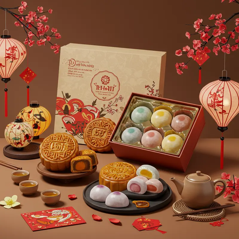 Hai loại bánh trung thu với nét truyền thống và hiện đại đặt cạnh nhau.