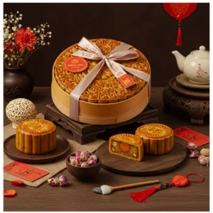 Hộp bánh Trung Thu lava được trang trí đẹp mắt với nơ lụa, hoa khô và chi tiết thủ công tinh xảo.