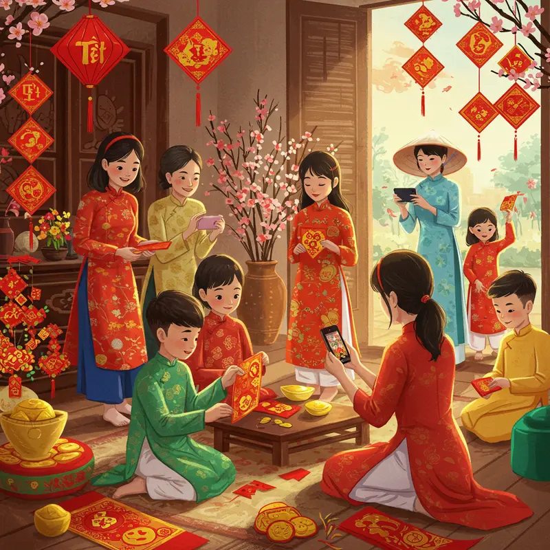 Cảnh gia đình Việt xưa sum vầy, gói bánh chưng chuẩn bị đón Tết.