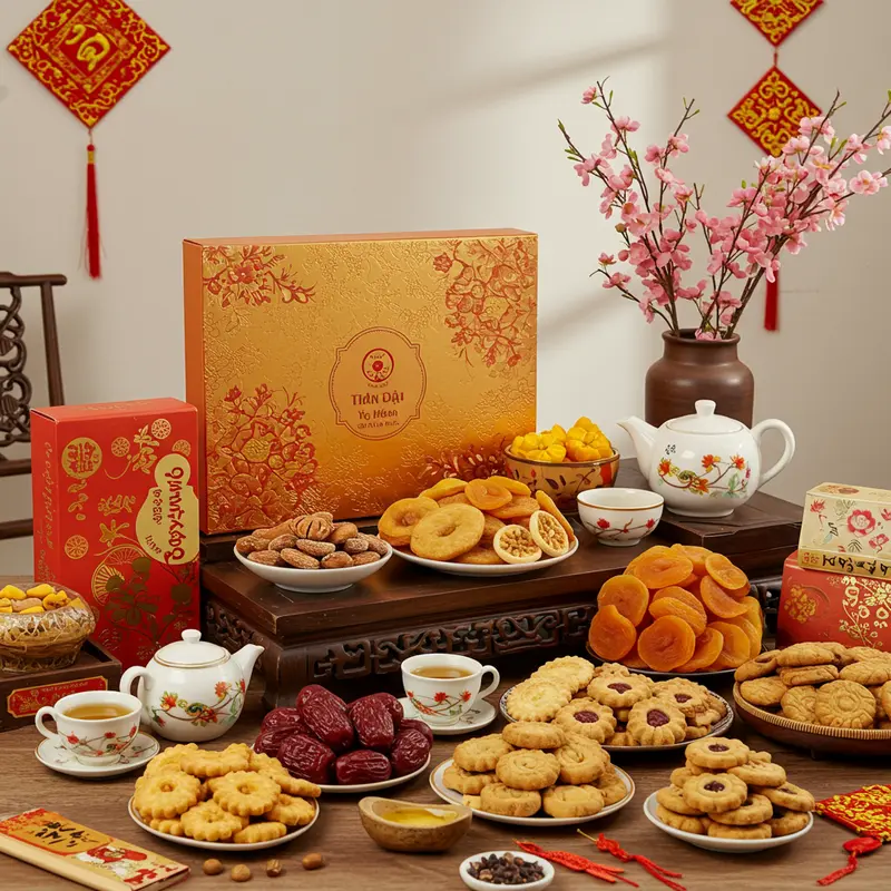 Hộp quà Tết sang trọng, các thành phần vẫn nguyên vẹn và tươi tắn trên bàn gỗ truyền thống.