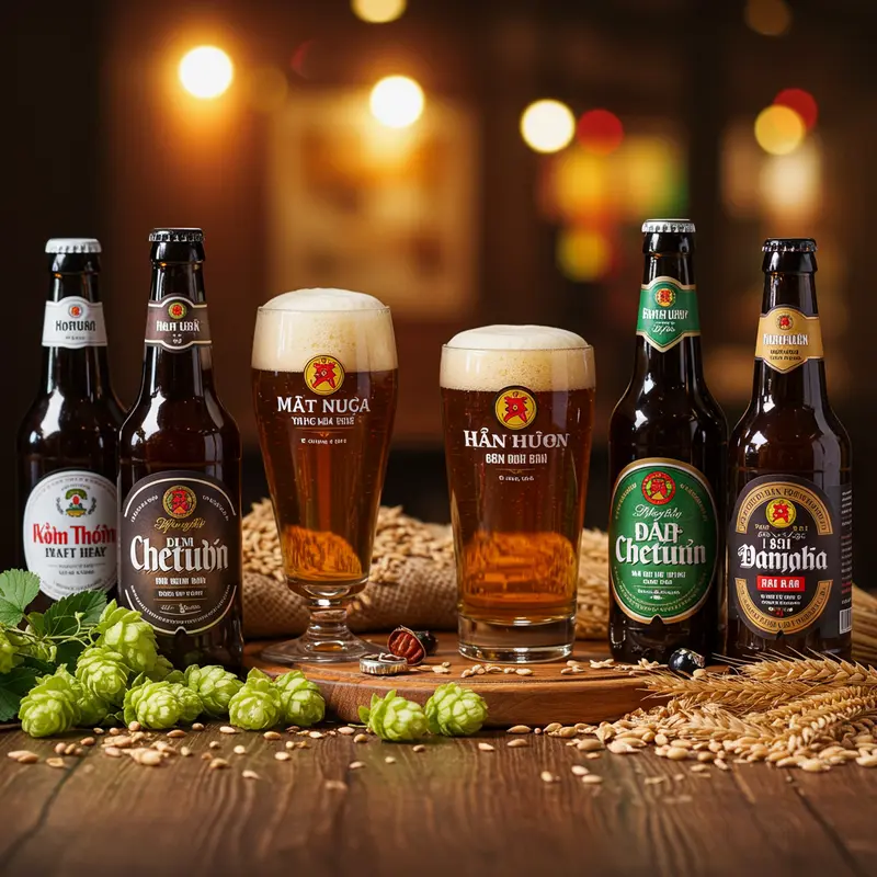 Hình ảnh nhiều chai bia thủ công Việt Nam với nhãn dán bắt mắt, đặt trên bàn gỗ cùng hoa bia và lúa mạch.