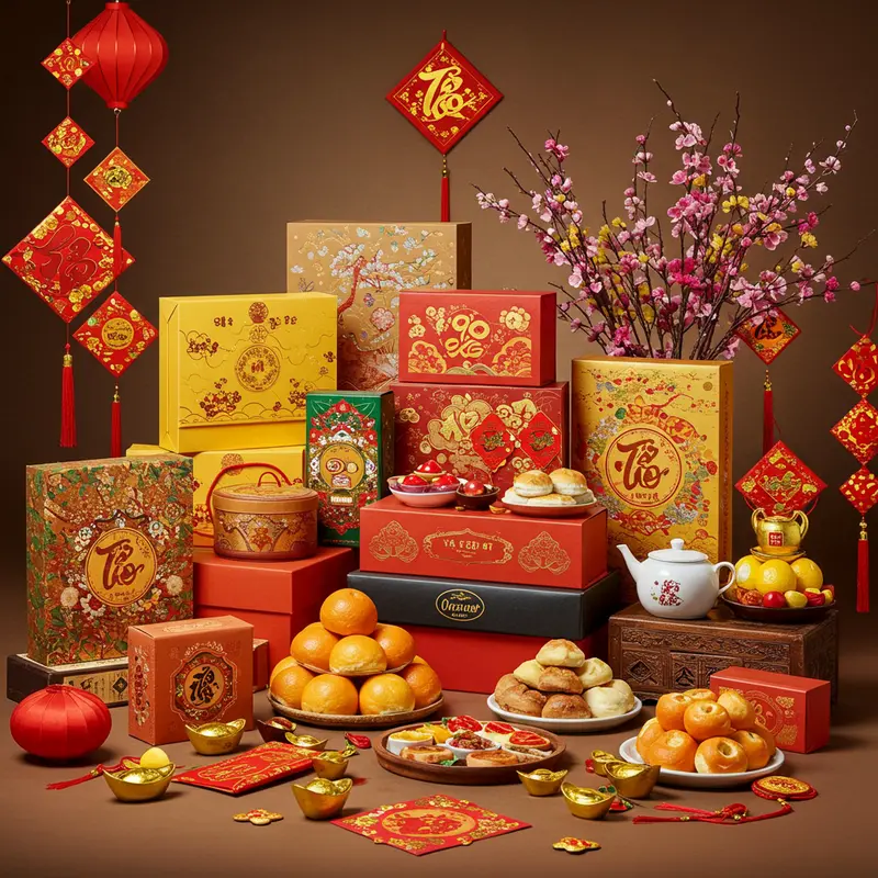 Nhiều loại hộp quà Tết chất liệu giấy, gỗ, da bên cạnh đồ trang trí truyền thống.