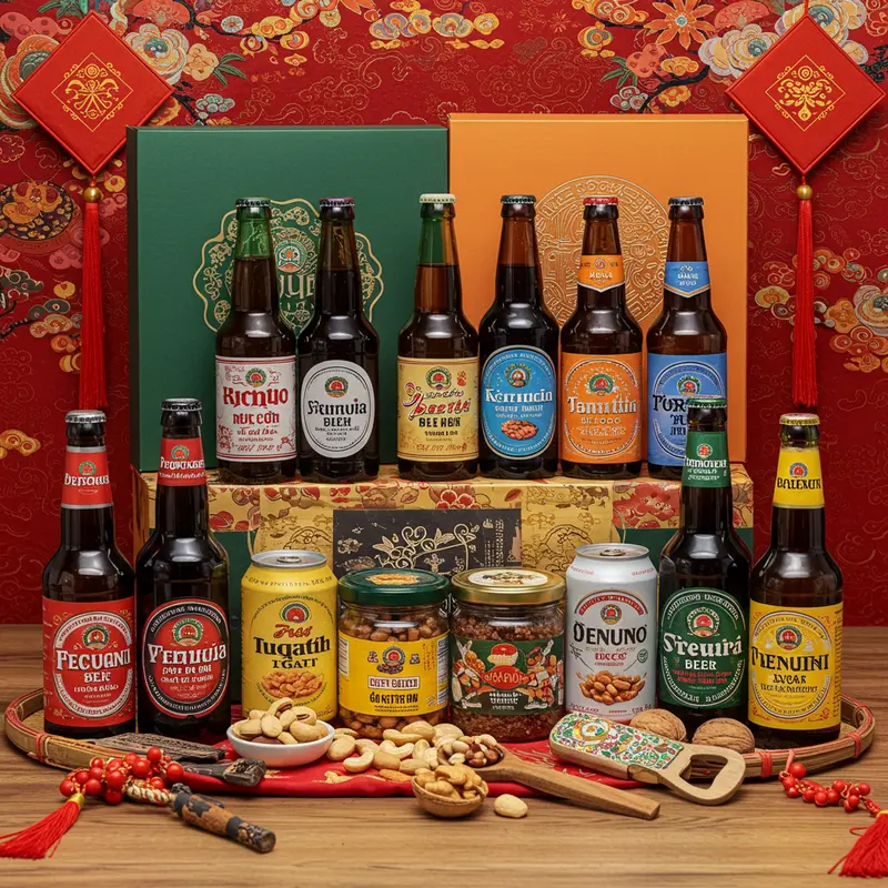 Hình ảnh nhiều chai bia thủ công Việt Nam với nhãn dán bắt mắt, đặt trên bàn gỗ cùng hoa bia và lúa mạch.