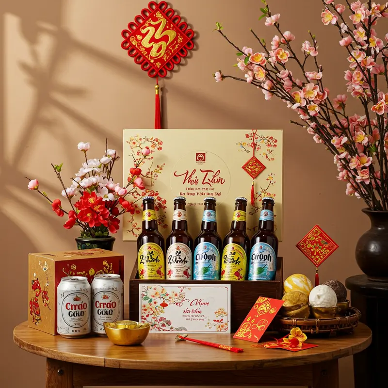 Hình ảnh nhiều chai bia thủ công Việt Nam với nhãn dán bắt mắt, đặt trên bàn gỗ cùng hoa bia và lúa mạch.