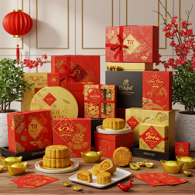 Các hộp quà Tết và bánh Trung Thu doanh nghiệp được sắp xếp sang trọng trong không gian văn phòng chuyên nghiệp, tạo cảm giác tin cậy.