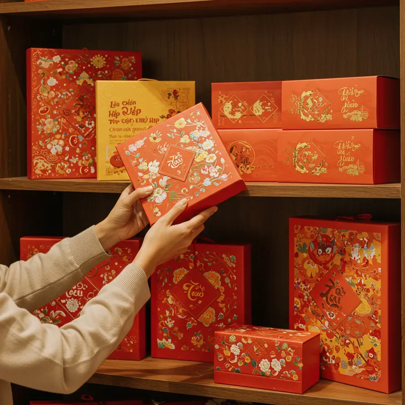 Hộp quà Tết cao cấp với sắc đỏ vàng, nâng tầm giá trị truyền thống Việt.