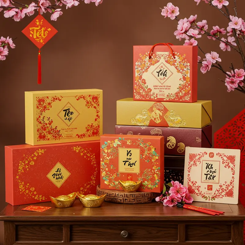 Không gian gia đình ấm áp trao tặng và đọc lời chúc kèm hộp quà Tết.