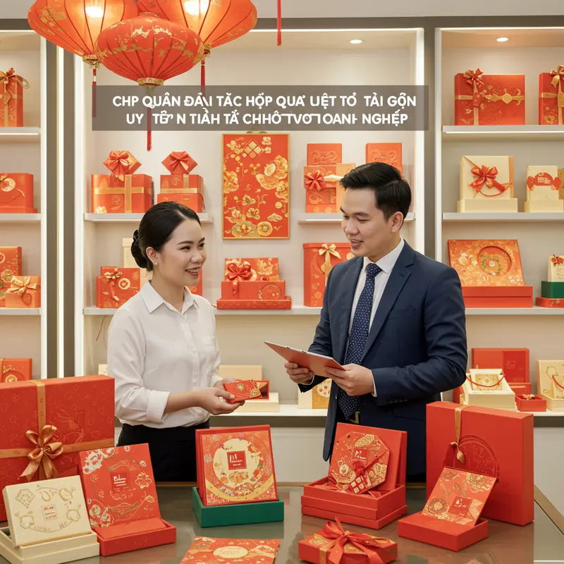 Hộp quà Tết tối giản tinh tế đặt trên bàn làm việc hiện đại của doanh nghiệp.