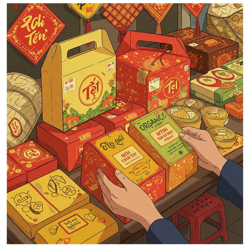 Hộp quà Tết hữu cơ sang trọng tại gian phòng khách hiện đại đậm sắc Xuân.