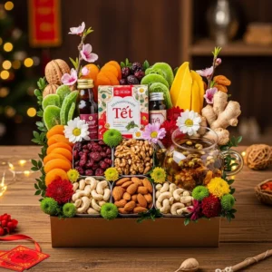 Hình ảnh hộp quà Tết healthy với trái cây sấy, hạt và trà trên bàn gỗ, điểm xuyết hoa xuân.