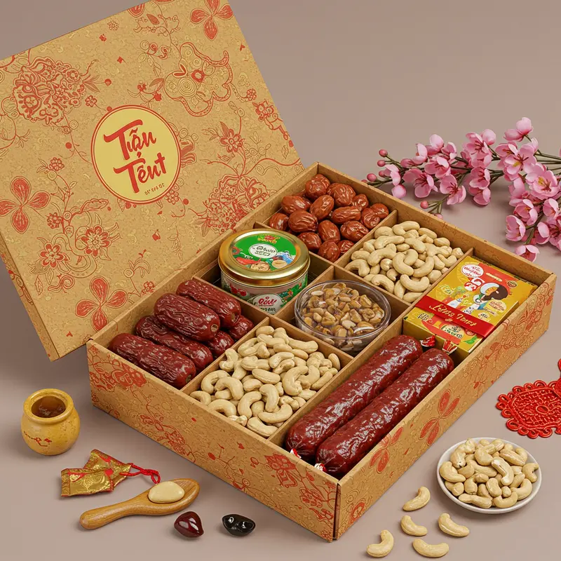 Hộp quà Tết đặc sản Việt Nam với các món truyền thống và trang trí hoa mai, hoa đào.