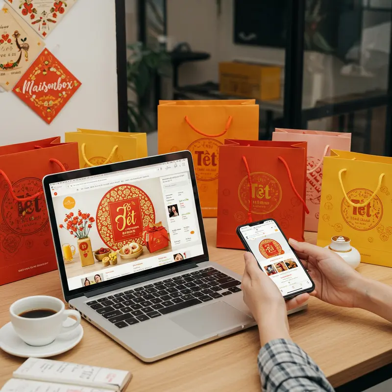 Hộp quà Tết đặc sản Việt Nam với các món truyền thống và trang trí hoa mai, hoa đào.