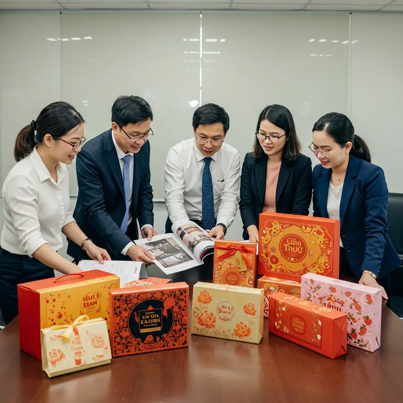 Người thân và đồng nghiệp hài lòng khi nhận hộp quà Tết thiết kế tinh tế.