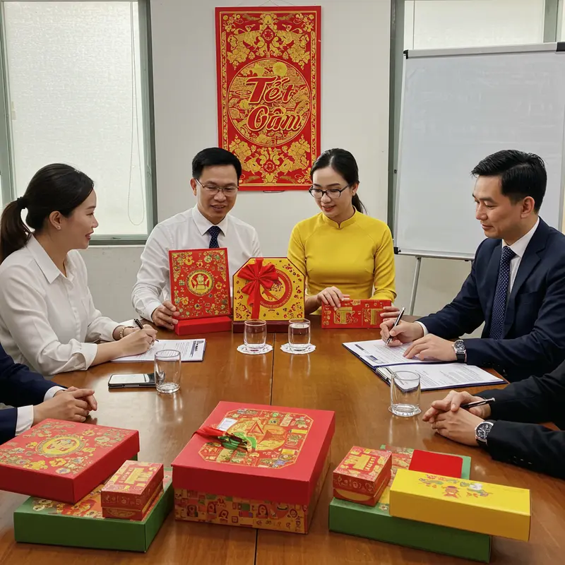 Không khí trao tặng quà Tết ấm cúng giữa các nhân viên văn phòng.