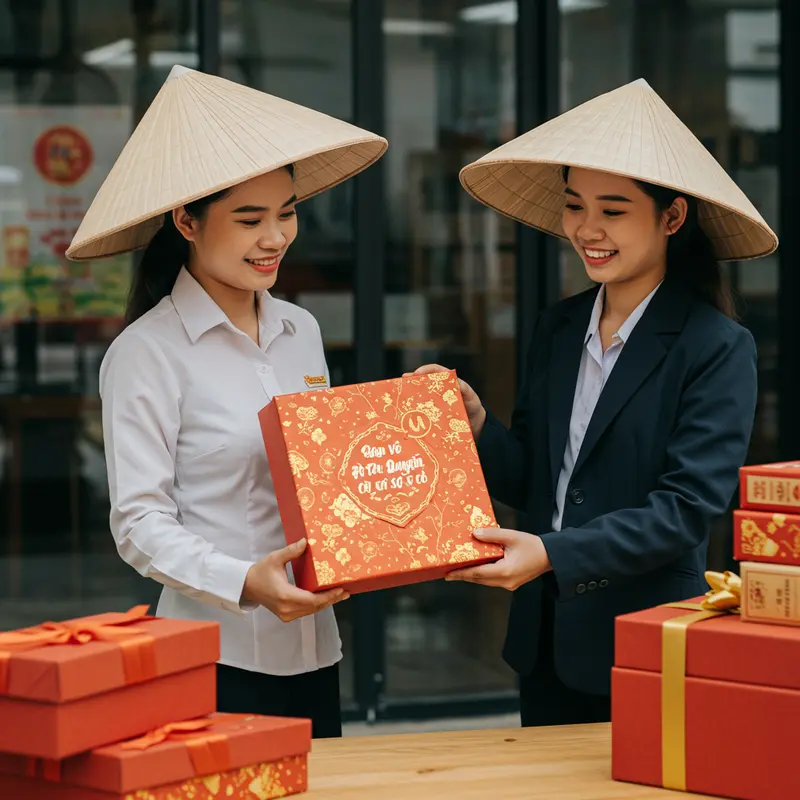 Nhân viên giao hàng xử lý quà Tết doanh nghiệp an toàn, chuyên nghiệp với không gian văn phòng hiện đại, không khí lễ hội.