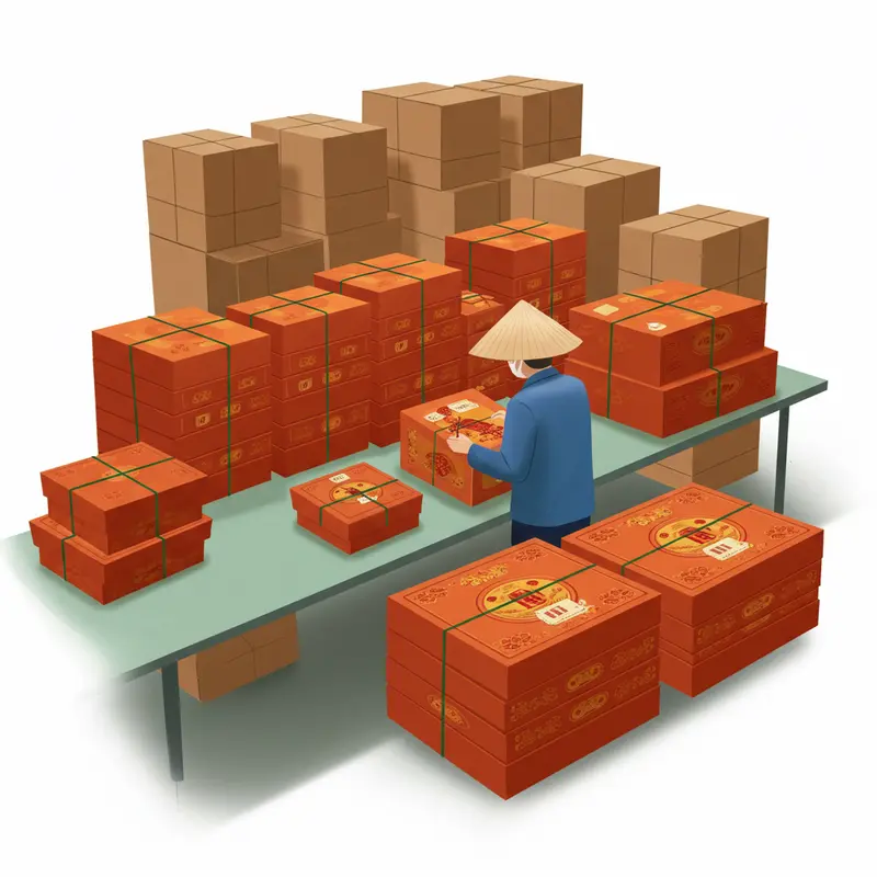 Bản phác thảo hộp quà Tết với các chi tiết hoa văn, màu sắc truyền thống trên bàn làm việc sáng tạo.