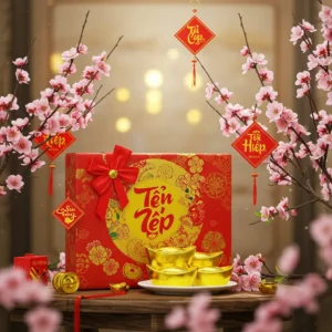 Hộp quà Tết trang trí màu đỏ vàng nổi bật bên hoa mai, hoa đào, ánh sáng xuân ấm áp, thể hiện sự sang trọng và ấm áp.