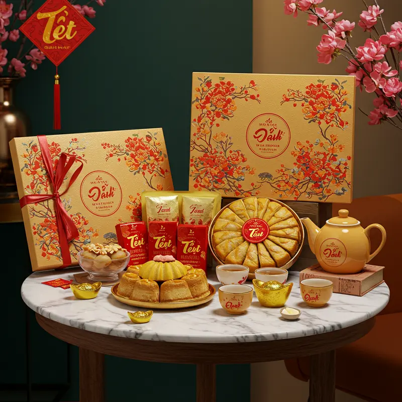 Hộp quà Tết doanh nghiệp được bày biện sang trọng với bánh truyền thống, trà và hoa trên bàn đá cẩm thạch, ánh sáng lễ hội ấm áp.