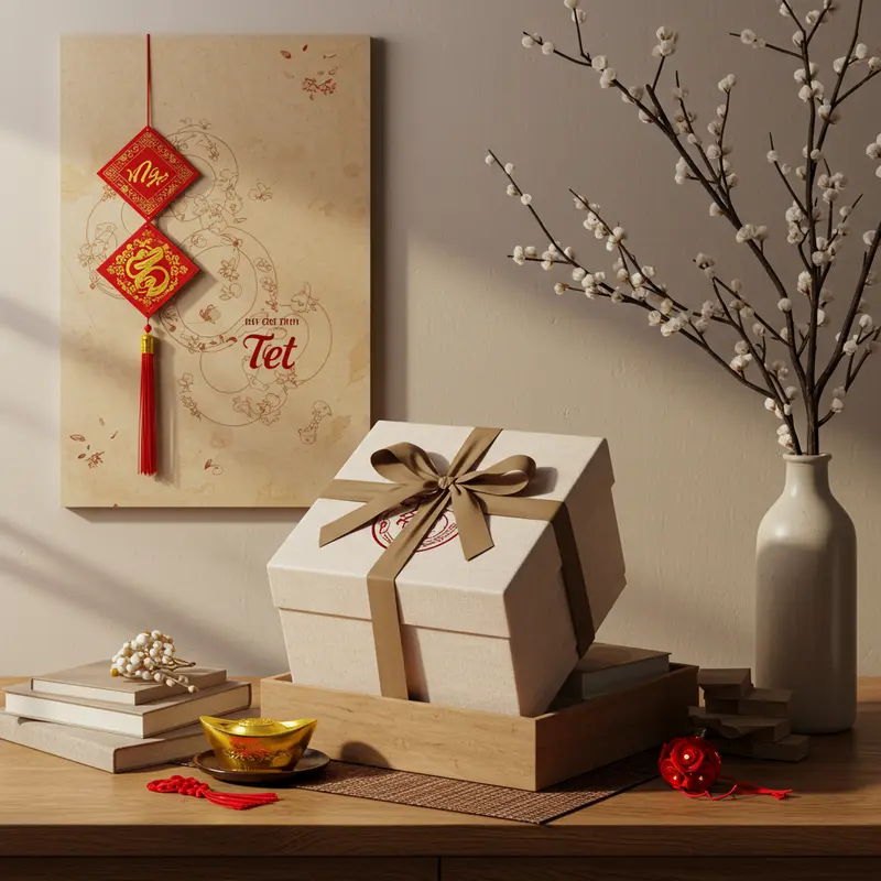 Hộp quà Tết phong cách tối giản sang trọng đặt trên nền gỗ với ánh sáng tự nhiên.