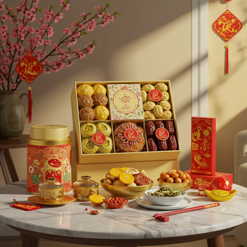 Hộp quà Tết hữu cơ với các sản phẩm đặc sản, đặt trên bàn trang trí cành đào và biểu tượng Tết trong không gian nhà Việt Nam.