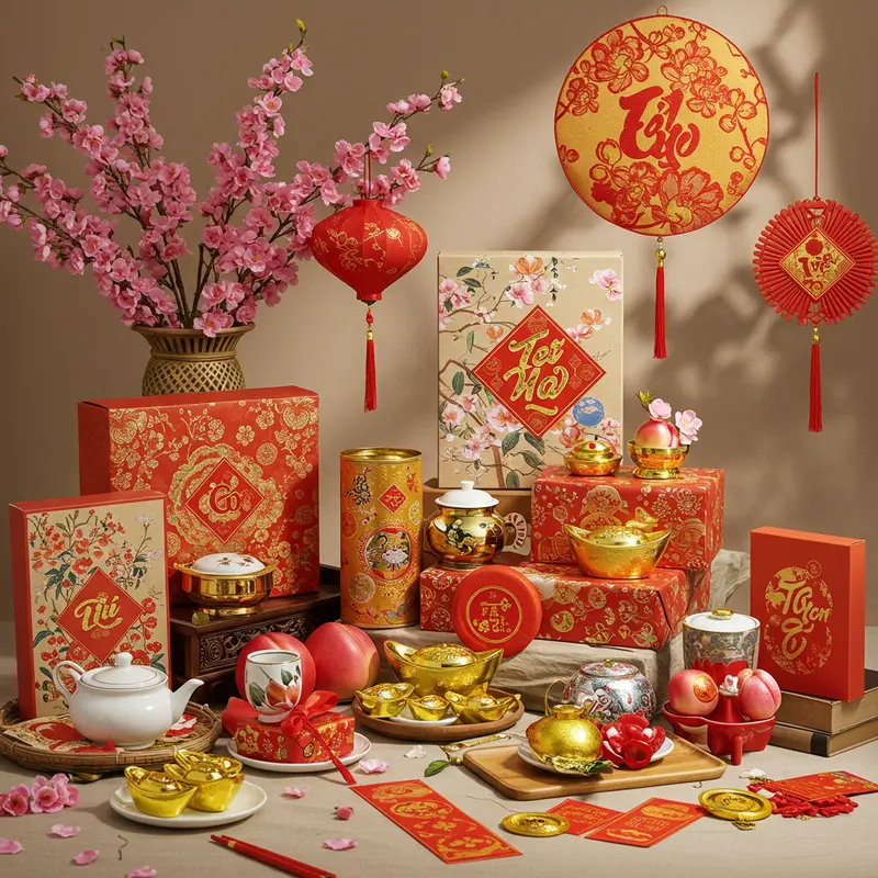 Bộ quà Tết sang trọng, nổi bật với hoa đào và họa tiết du lịch, phù hợp tặng khách hàng doanh nghiệp ngành du lịch.