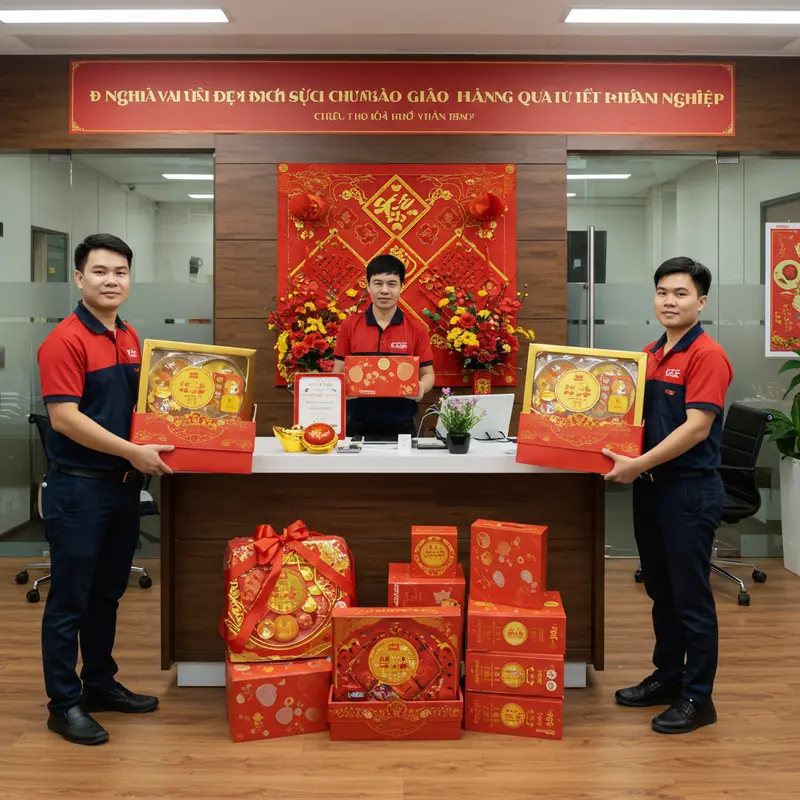 Nhân viên giao hàng xử lý quà Tết doanh nghiệp an toàn, chuyên nghiệp với không gian văn phòng hiện đại, không khí lễ hội.