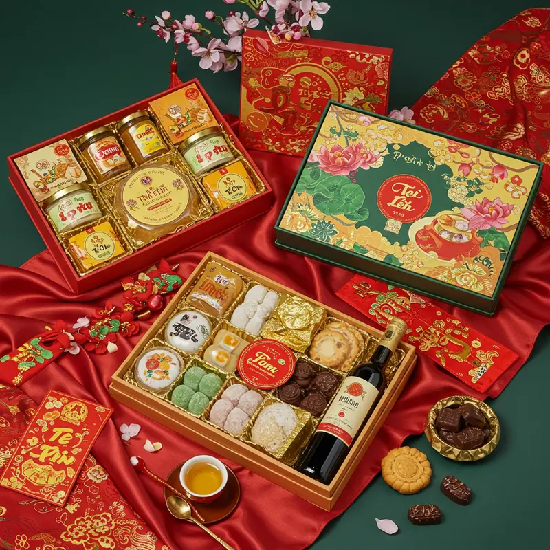 Người thân và đồng nghiệp hài lòng khi nhận hộp quà Tết thiết kế tinh tế.
