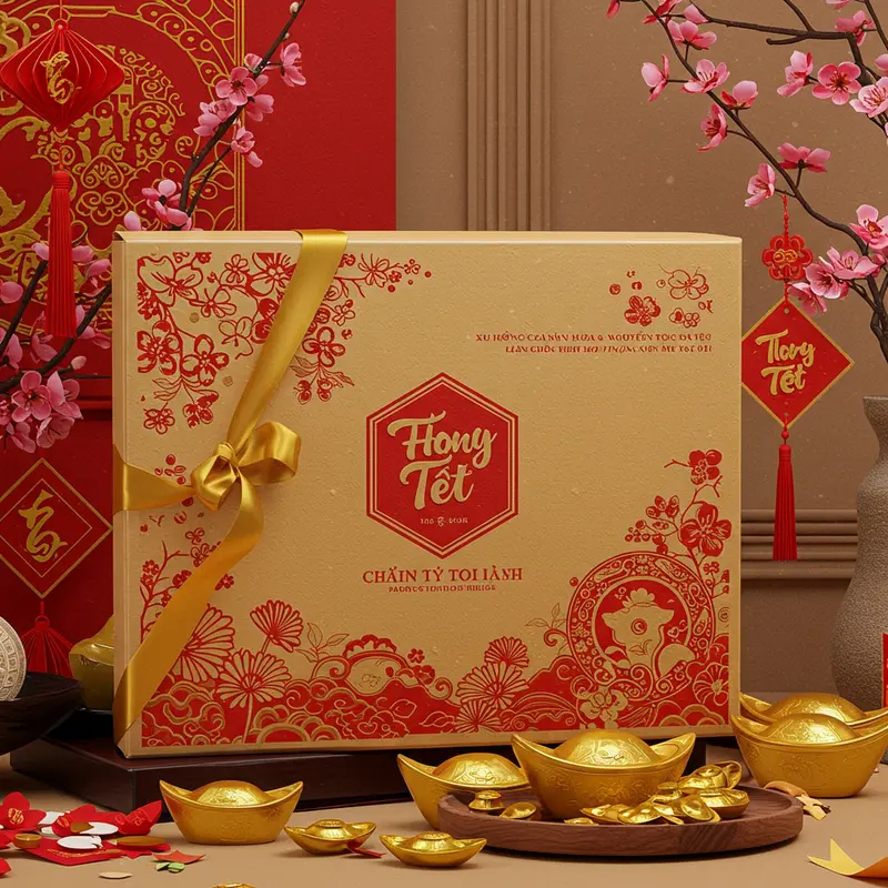 Hộp quà Tết theo phong cách tối giản với sắc màu trắng, vàng, đỏ tinh tế.